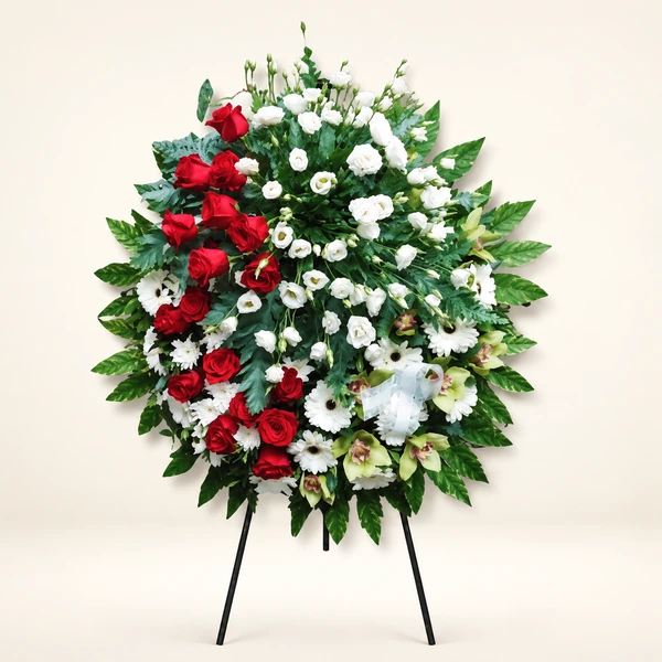 Coroa de flores naturais CN-022 com rosas, eustomas, orquídeas, vivaz e verduras.