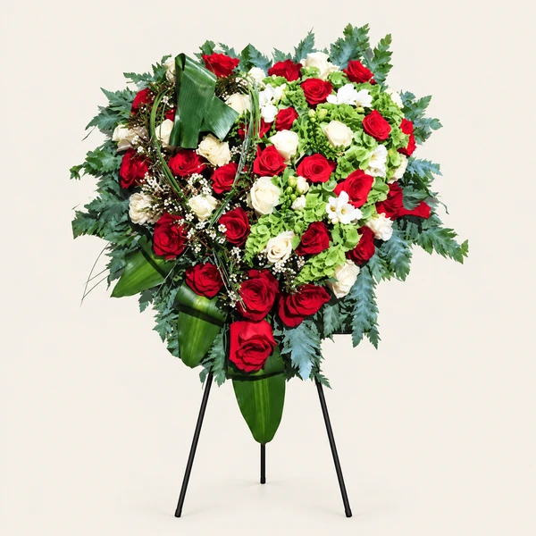 Coração de flores naturais CN-025 com rosas, molucela, frésias e verduras.