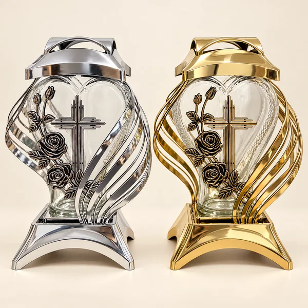 Candeeiro em forma de coração com cruz e flor, em prateado ou dourado, sem vela