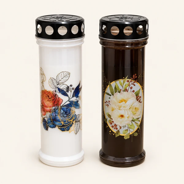 Vela de cera Premium Line com imagem de flor, em branco ou preto, de 24 × 8 × 8 cm.
