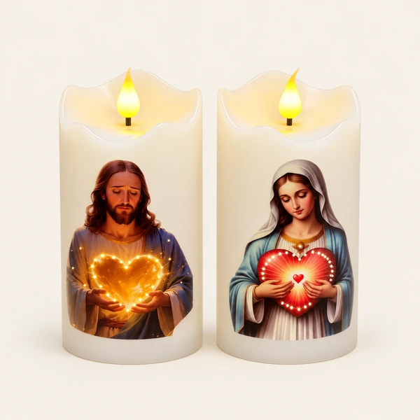 Vela elétrica com imagem de santo e pilhas incluídas, de 14 × 7,5 × 7,5 cm.
